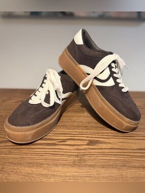 Platform Suede Sneakers in Chocolate Brown with White Accents